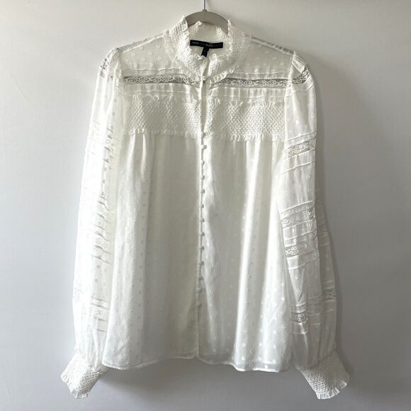 White House Black Market Tops - White House Black Market Lace Smocked Swiss Dot Blouse White Size L